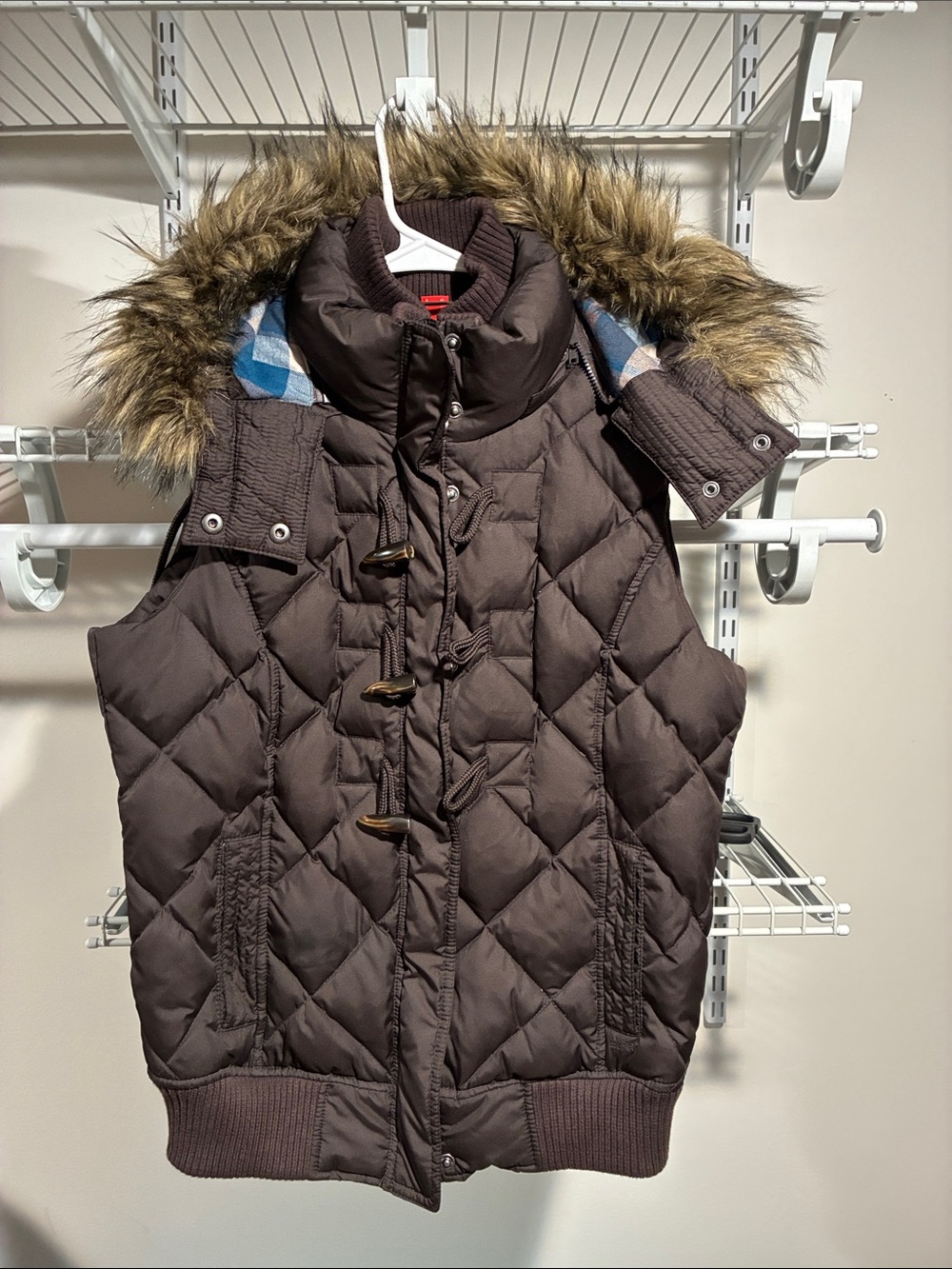 Esprit Brown Quilted Hooded Down Vest with Faux Fur Trim
